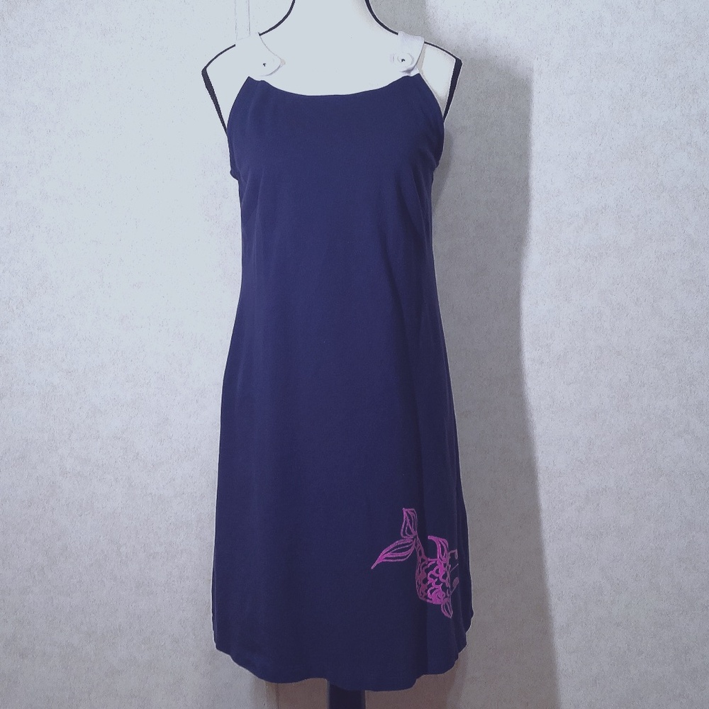 Lilly Pulitzer Pull Over Cover Up Navy Blue Koi 100%Cotton Beach Dress Sz Small